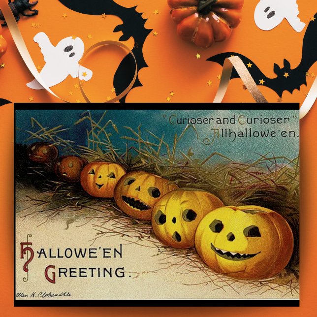 Carte Citrouilles Jack O Lanterns Halloween salutations (Vintage Jack O Lanterns Halloween Greetings Downloadable Card with editable message.)