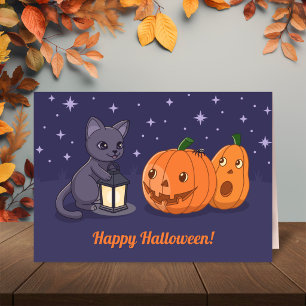 Carte Citrouilles Lanterne Chat Noir Halloween Violet