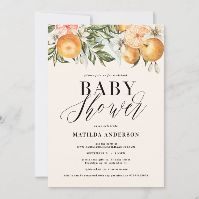 Carte Citrus, orange + baby shower virtuel en fleur (Devant)