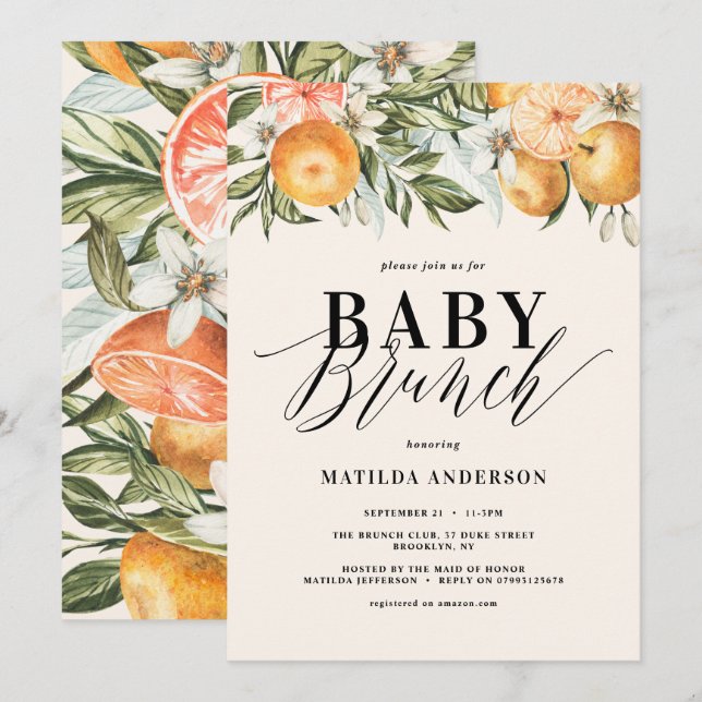 Carte Citrus, orange + fête de bébé en fleur (Devant / Derrière)