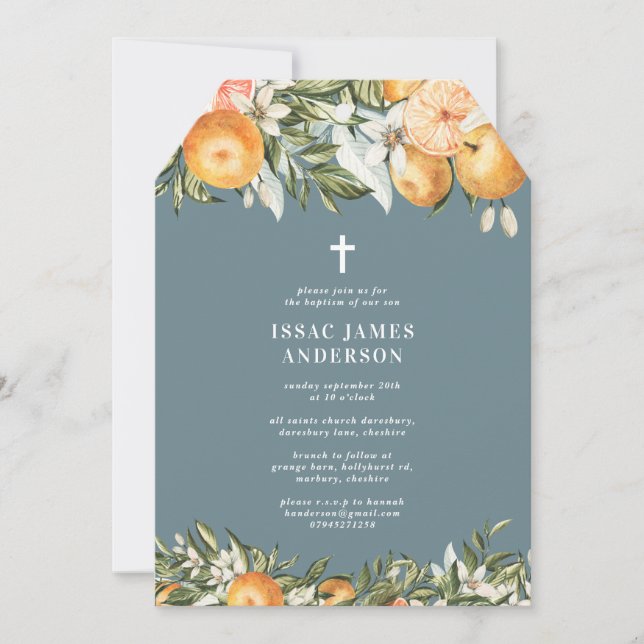 Carte Citrus, orange + fleurs baptême baptême baptême ba (Devant)