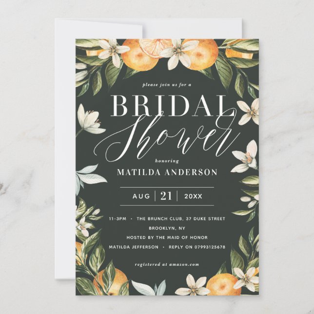 Carte Citrus, oranger + fleur fête de la douche nuptiale (Devant)