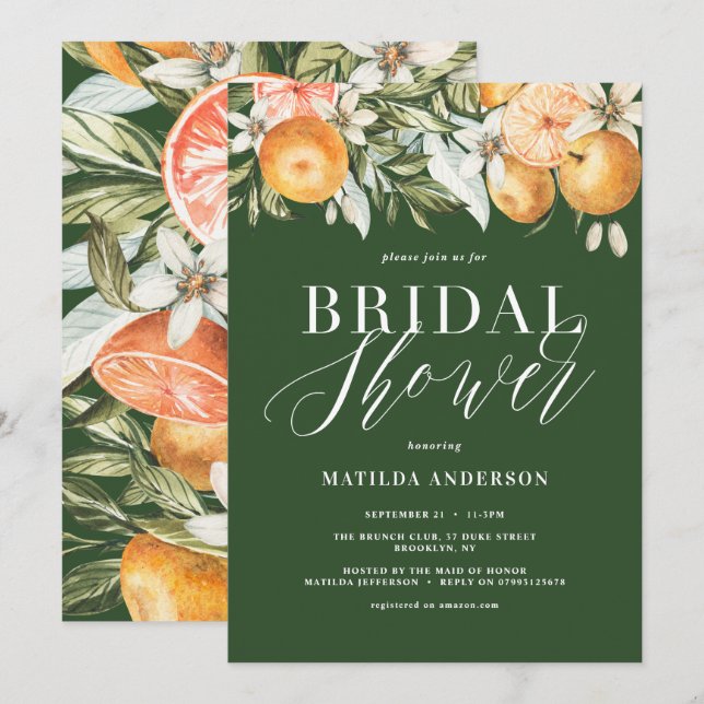 Carte Citrus, oranger + fleur fête de la douche nuptiale (Devant / Derrière)
