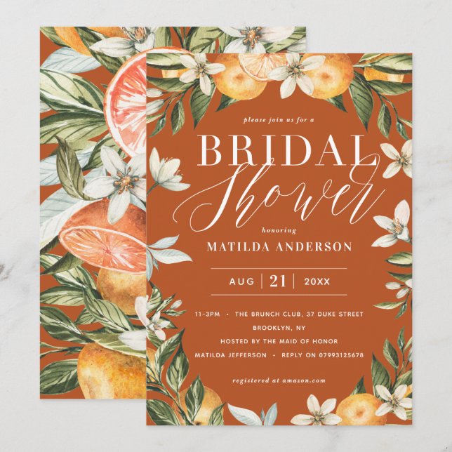 Carte Citrus, oranger + fleur fête de la douche nuptiale (Devant / Derrière)