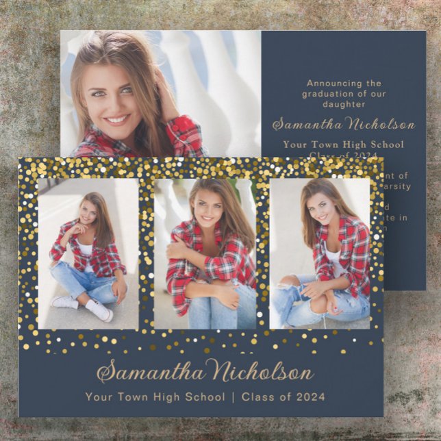 Carte Classe de Parties scintillant d'or bleu marine de  (Navy blue and gold glitter 4-photo graduation announcement)