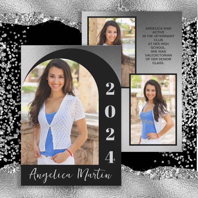 Carte Classe photo Arc d'argent noir 2024 Graduation (Silver and black class of 2024 high school graduation announcement)
