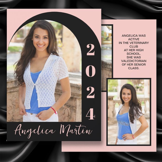 Carte Classe photo Arc noir rose de 2024 Graduation (Pink and black arch-photo high school graduation Class of 2024 announcement)