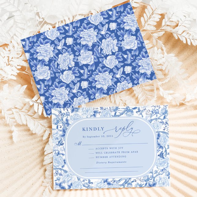Carte Classic Blue Chinoiserie Bird Peony Wedding RSVP (Créateur téléchargé)