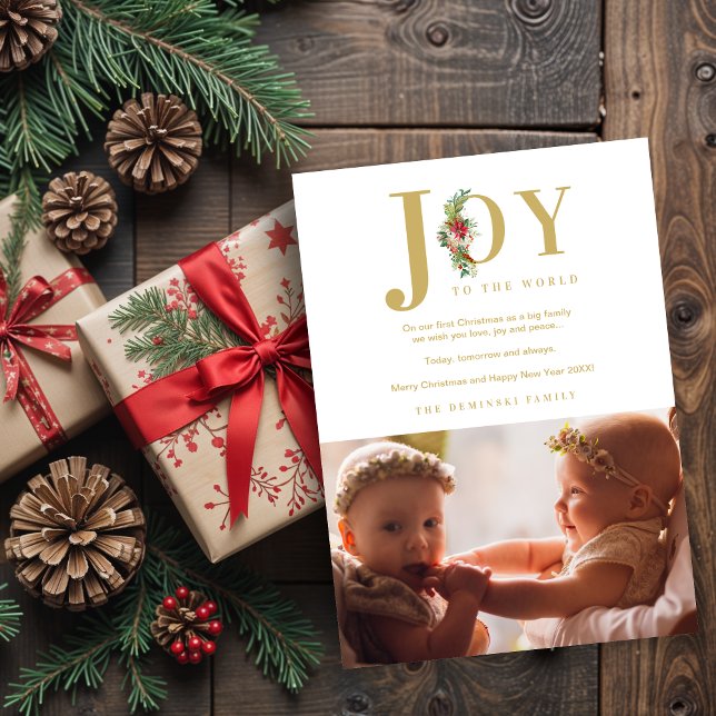 Carte Classic Poinsettias Garland Joy To The World Photo (Classic Elegant Poinsettias Garland with Faux Gold "Joy to the World" Quote and Photo Holiday Cards.)