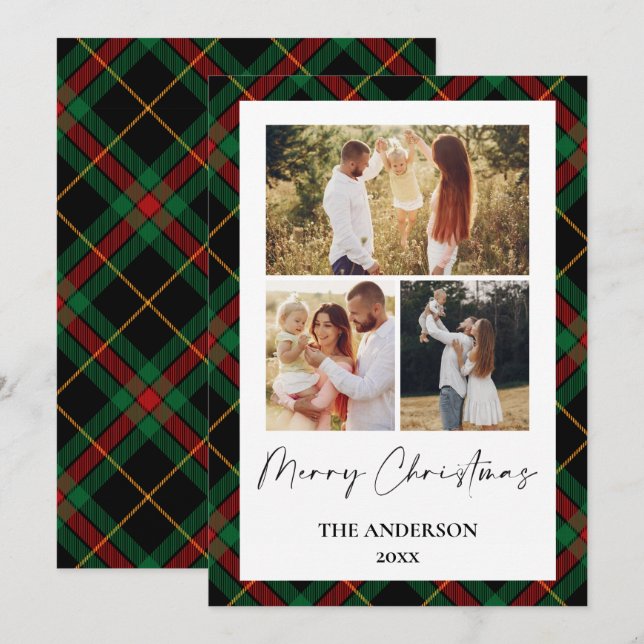 Carte classique de Noël Tartan | Collage de photos (Devant / Derrière)
