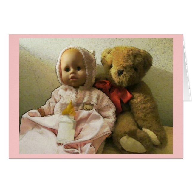 Carte classique poupée et ours en peluche (Devant horizontal)