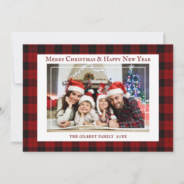 Carte Classique Rouge Tartan Noël Famille Photo Vacances (Devant)