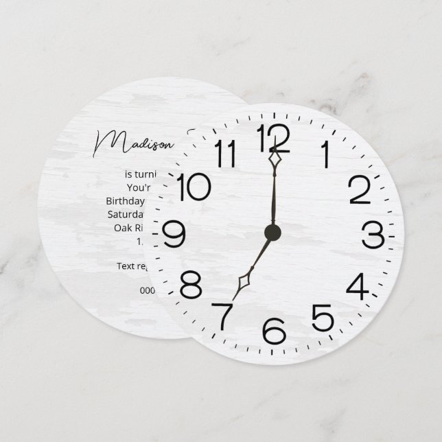 Carte Clock Birthday Party On Whitewashed Wood (Devant / Derrière)