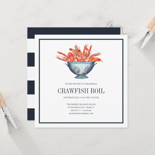 Carte Coastal Chic Navy CRAWFISH BOIL Seafood Boil Party (Devant/Arrière en situation)