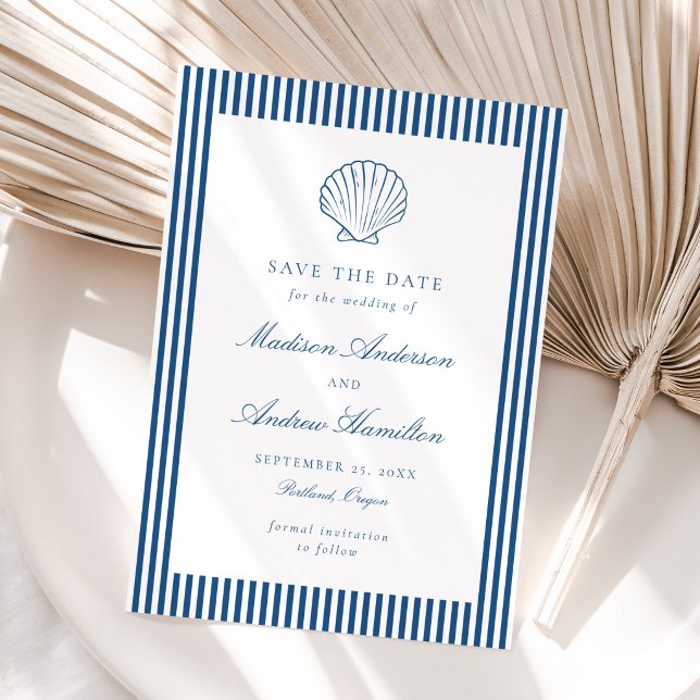 Carte Coastal Navy Stripe Shell Wedding Save the Date (Créateur téléchargé)