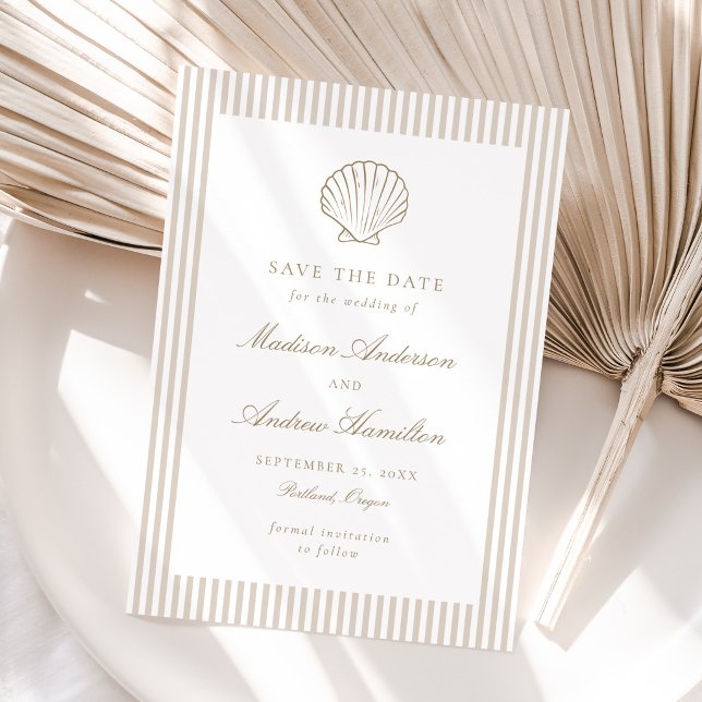 Carte Coastal Sand Stripe Shell Wedding Save the Date (Créateur téléchargé)