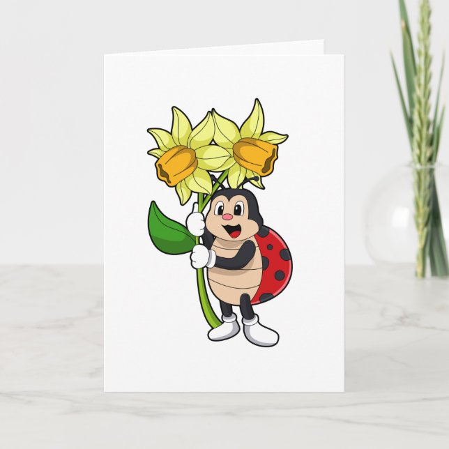 Carte Coccinelle avec jonquille fleurie (Devant)