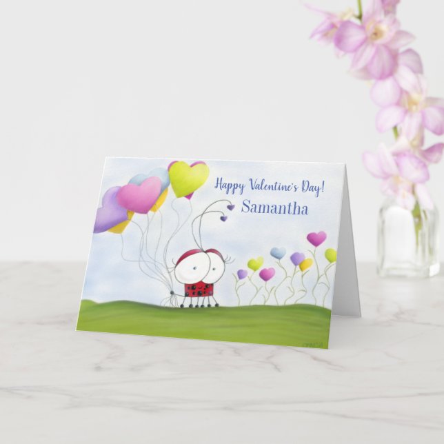 Carte Coccinelle charmante avec ballons en forme de cœur (Orchidée)