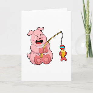 Carte Cochon à la pêche avec un poisson