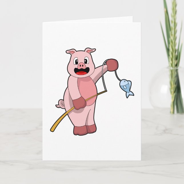 Carte Cochon à la pêche avec une canne à pêche et poisso (Devant)