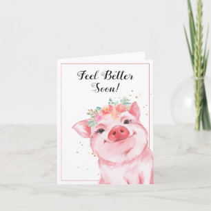 Carte Cochon à l'aquarelle mignon avec couronne florale 