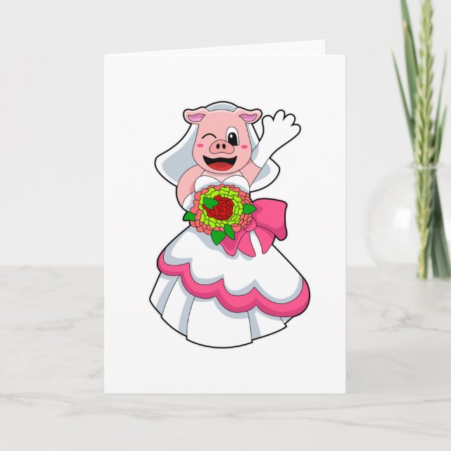 Carte Cochon avec robe Mariage & Bunch of Flowers (Devant)