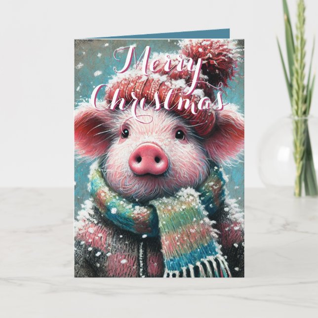 Carte Cochon dans les flocons de neige à l'écharpe Noël  (Devant)