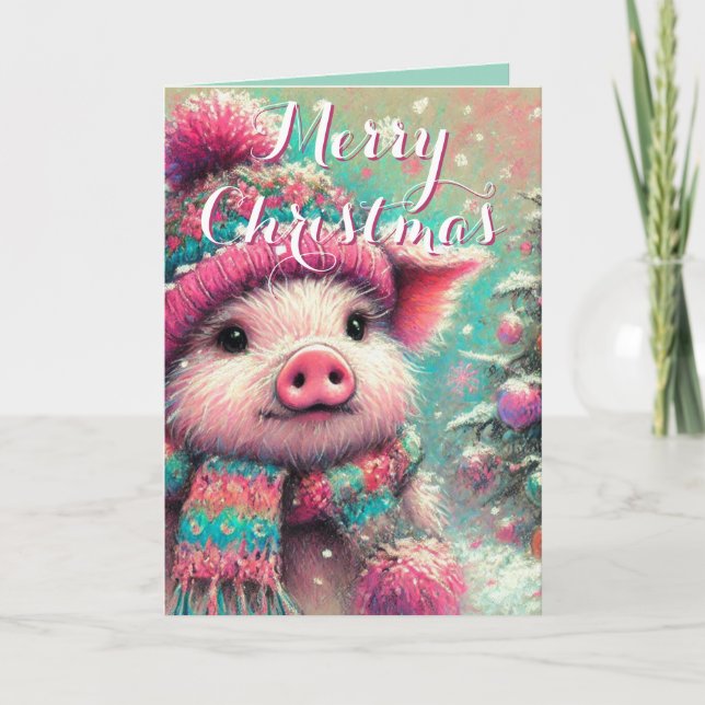 Carte Cochon dans les flocons de neige à l'écharpe Noël  (Devant)