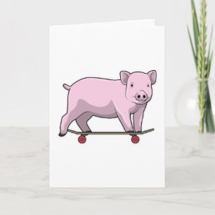 Carte Cochon en patineur avec planche à roulettes