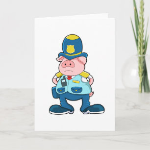 Carte Cochon en policier avec uniforme et chapeau de pol