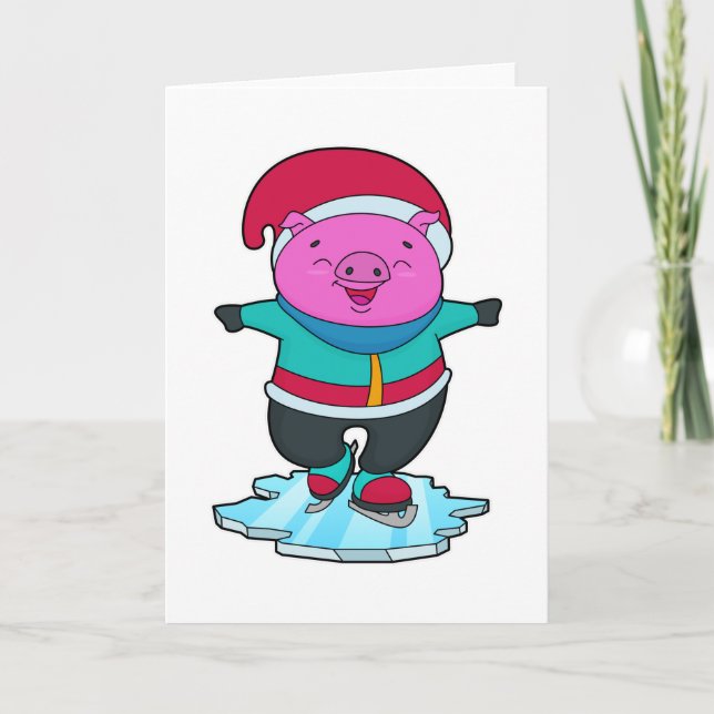 Carte Cochon faisant du patin à glace avec des patins à  (Devant)