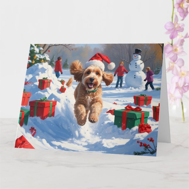 Carte Cockapo coule en neige avec Casquette de Noël (Orchidée)