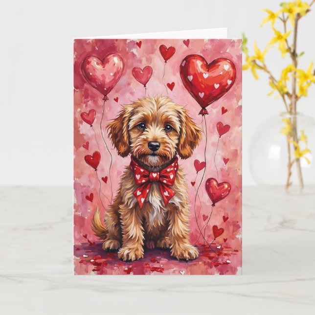 Carte Cockapoo Saint-Valentin Chien Assis avec des Cœurs (Fleur jaune)