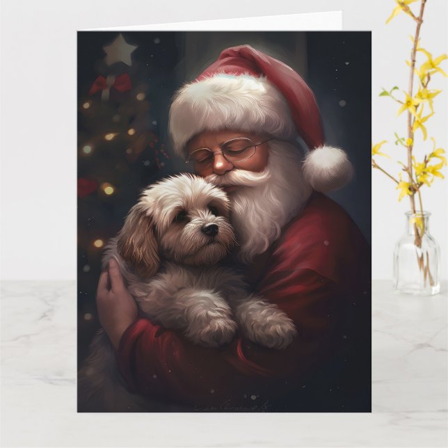 Carte Cockapou avec Noël Festif du Père Noël (Fleur jaune)