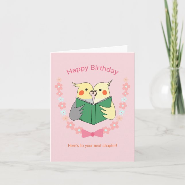 Carte Cockatiels lisant un livre Belle Birdie anniversai (Devant)