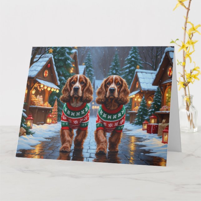 Carte Cocker Chiens espagnols Noël Fête de la neige (Fleur jaune)