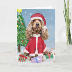 Carte Cocker Spaniel Chien en neige avec cadeaux de Noël