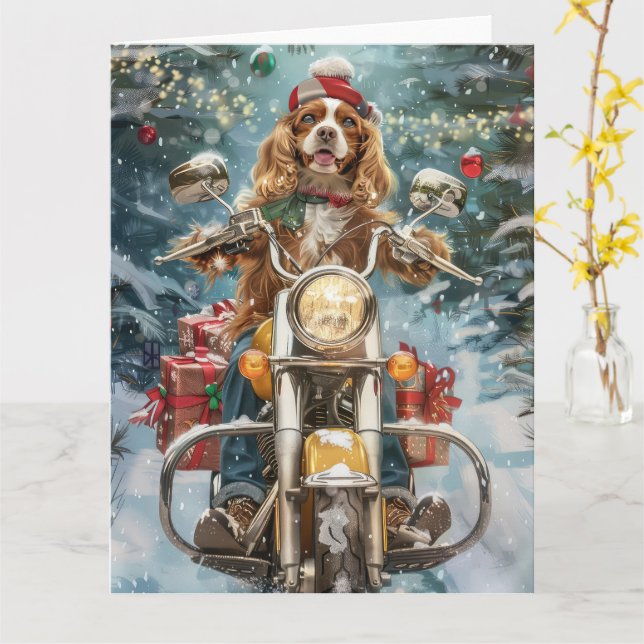 Carte Cocker Spaniel Chien équitation Moto Noël (Fleur jaune)