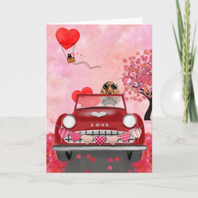 Carte Cocker Spaniel Conduisant une Voiture avec des Cœu (Devant)