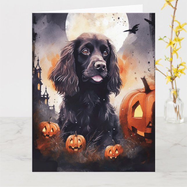 Carte Cocker Spaniel d'Halloween avec citrouilles  (Fleur jaune)