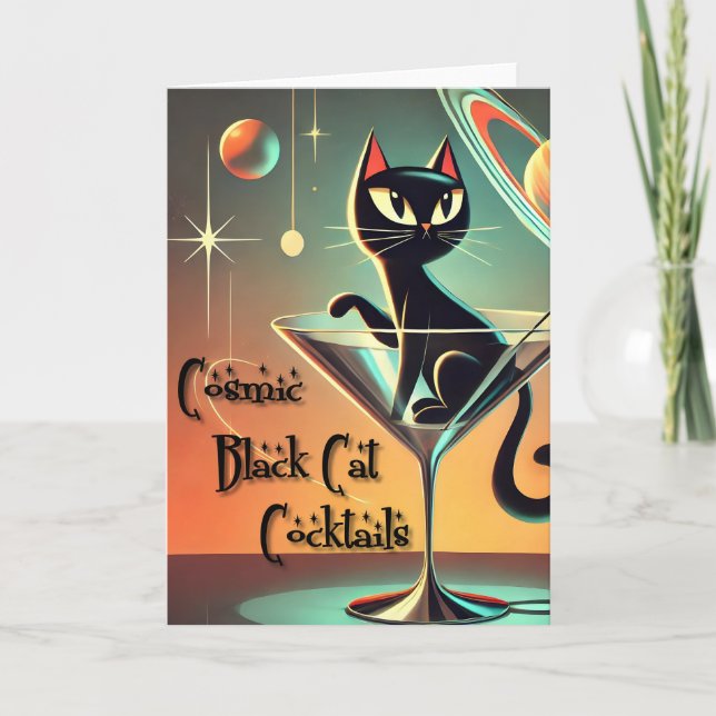 Carte Cocktails de chat noir cosmique futuriste atomique (Devant)