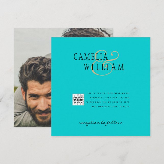 Carte Code QR d'invitation de mariage avec photo turquoi (Devant / Derrière)