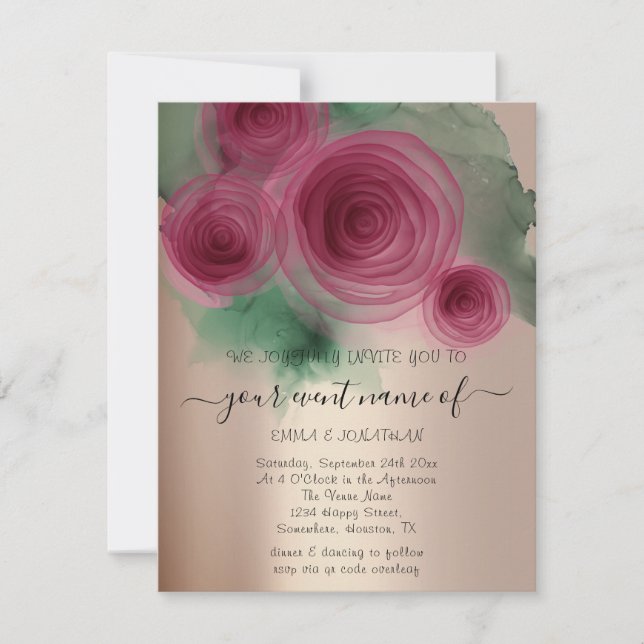 Carte Code QR floral budgétaire Rose Gold Marsala Vert (Devant)