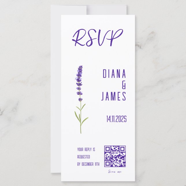 Carte Code QR Lavande d'aquarelle élégant Mariage RSVP (Devant)