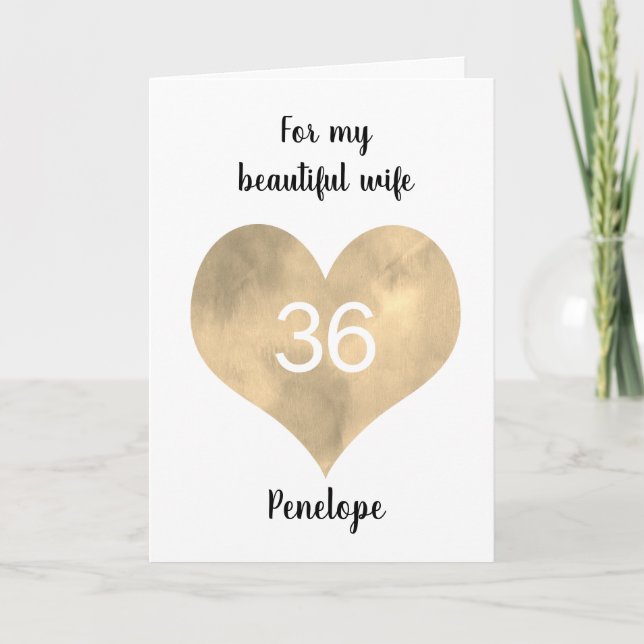 Carte Cœur Aquarelle Or 36e Anniversaire (Devant)