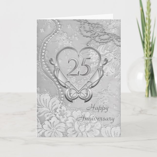 Carte Coeur d'argent, dentelle fleurie 25e anniversaire  (Devant)