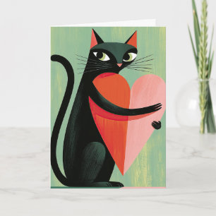 Carte Cœur de chat noir rétro vert Saint-Valentin