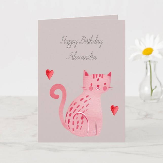 Carte Cœur de chat rose gris Anniversaire  (Petite plante)