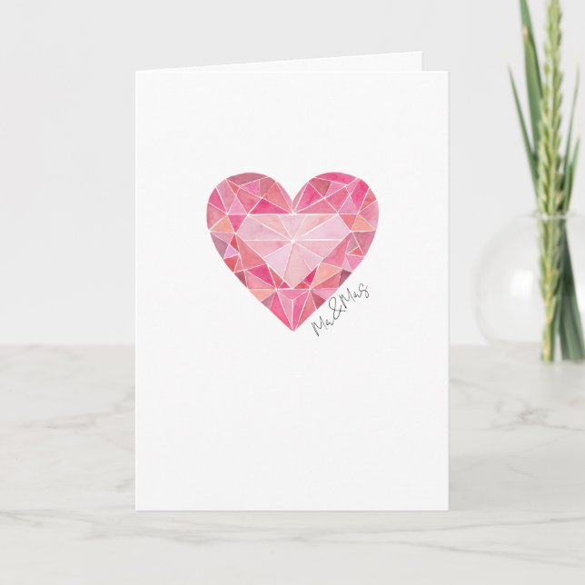 Carte Cœur Gemme Aquarelle Rose Félicitations Mr&Mrs (Devant)