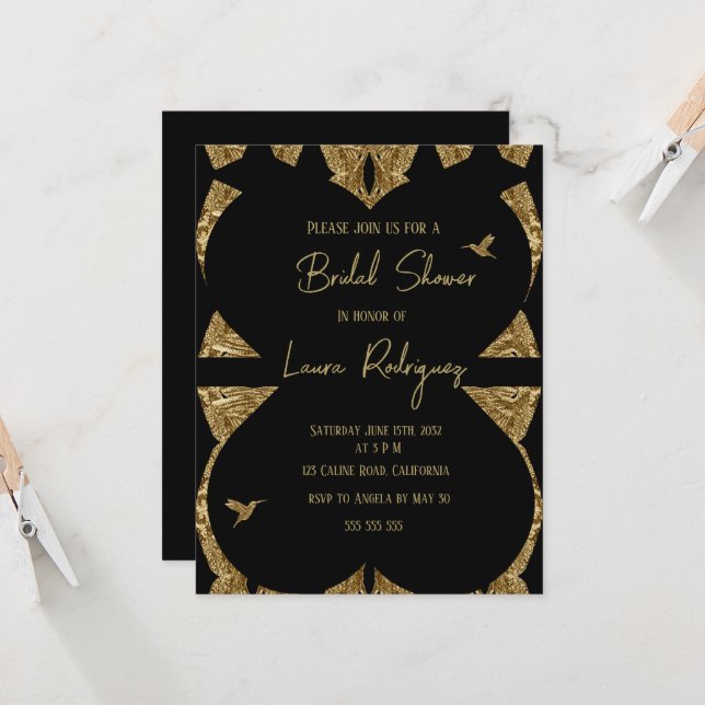 Carte coeur moderne noir et or Fête des mariées Invitati (Devant/Arrière en situation)